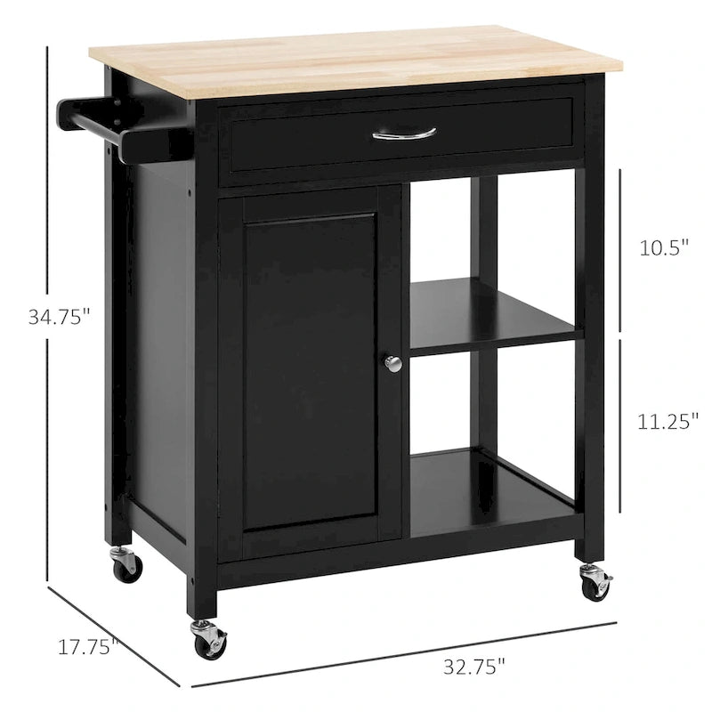 HOMCOM Chariot de cuisine, desserte à roulettes avec plateau en bois, étagère ouverte et tiroir de rangement pour salle à manger, cuisine