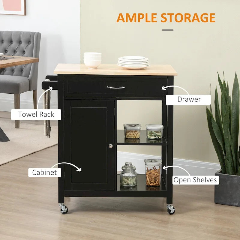 HOMCOM Chariot de cuisine, desserte à roulettes avec plateau en bois, étagère ouverte et tiroir de rangement pour salle à manger, cuisine