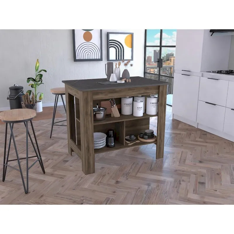 TUHOME Îlot de cuisine décontracté en bois Cala à 3 étagères