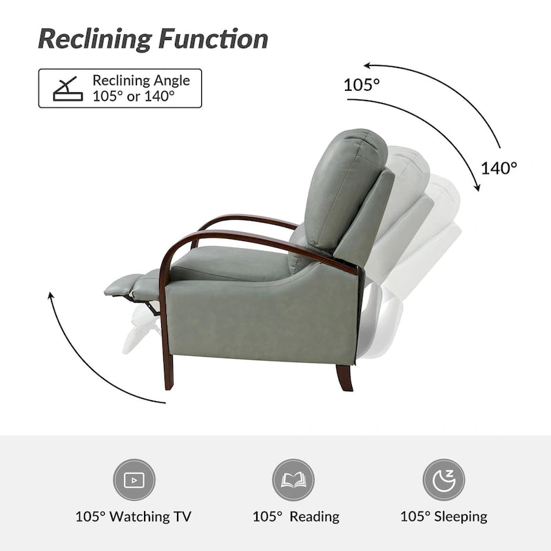 Fauteuil inclinable manuel Alex Mid-century Modern Cigar en cuir véritable avec accoudoirs incurvés en bois