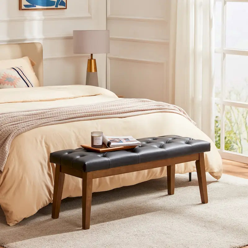 Banc capitonné pour bout de lit, banc d'entrée Beige/Noir/Marron Bois massif, cuir, tissu 112 cm