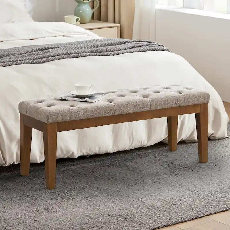 Banc capitonné pour bout de lit, banc d'entrée Beige/Noir/Marron Bois massif, cuir, tissu 112 cm