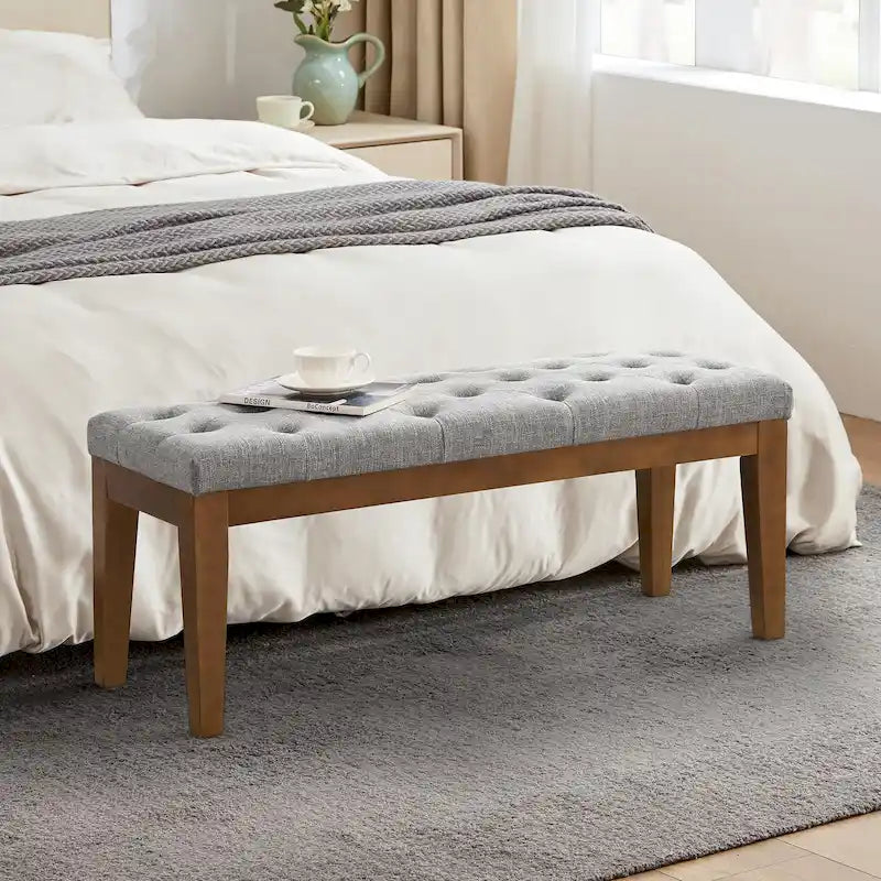 Banc capitonné pour bout de lit, banc d'entrée Beige/Noir/Marron Bois massif, cuir, tissu 112 cm