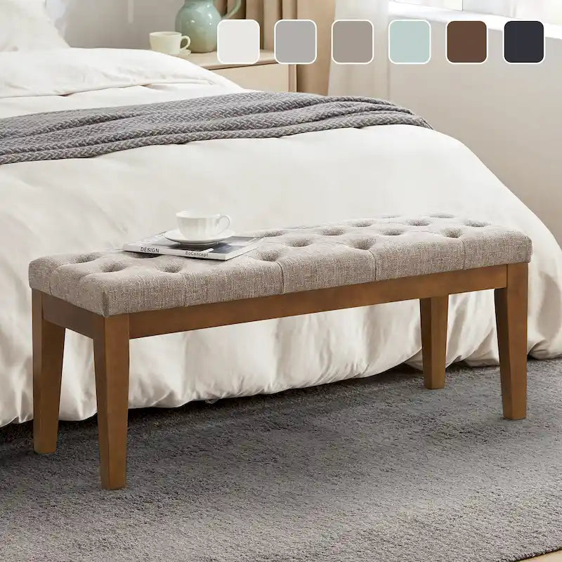 Banc capitonné pour bout de lit, banc d'entrée Beige/Noir/Marron Bois massif, cuir, tissu 112 cm
