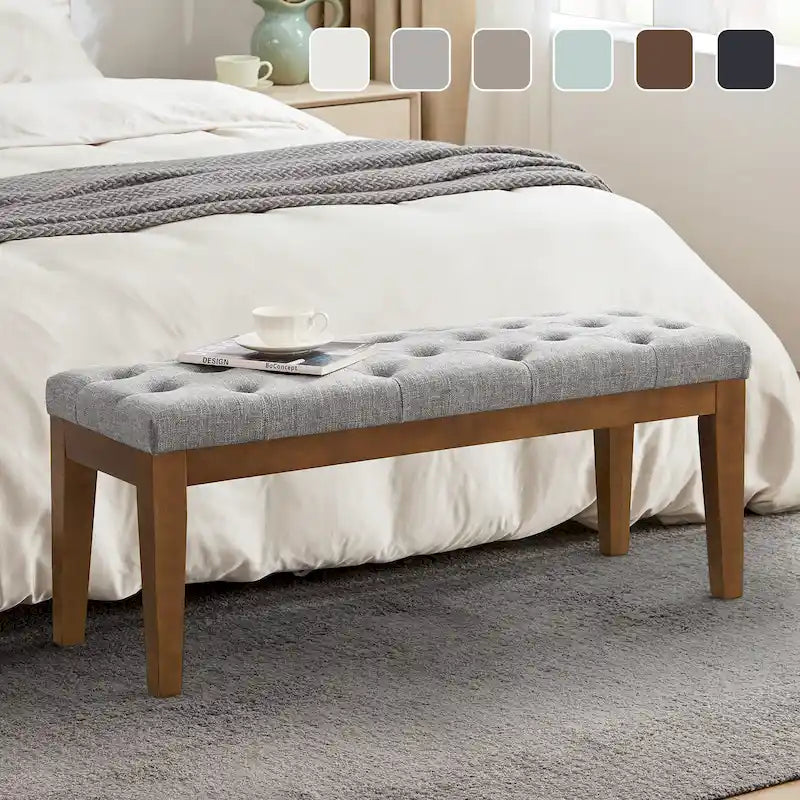 Banc capitonné pour bout de lit, banc d'entrée Beige/Noir/Marron Bois massif, cuir, tissu 112 cm
