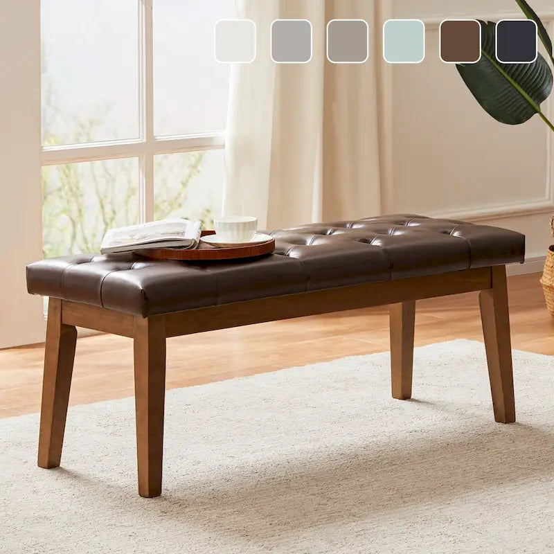 Banc capitonné pour bout de lit, banc d'entrée Beige/Noir/Marron Bois massif, cuir, tissu 112 cm