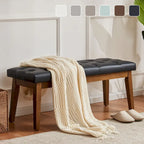 Banc capitonné pour bout de lit, banc d'entrée Beige/Noir/Marron Bois massif, cuir, tissu 112 cm