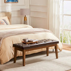 Banc capitonné pour bout de lit, banc d'entrée Beige/Noir/Marron Bois massif, cuir, tissu 112 cm