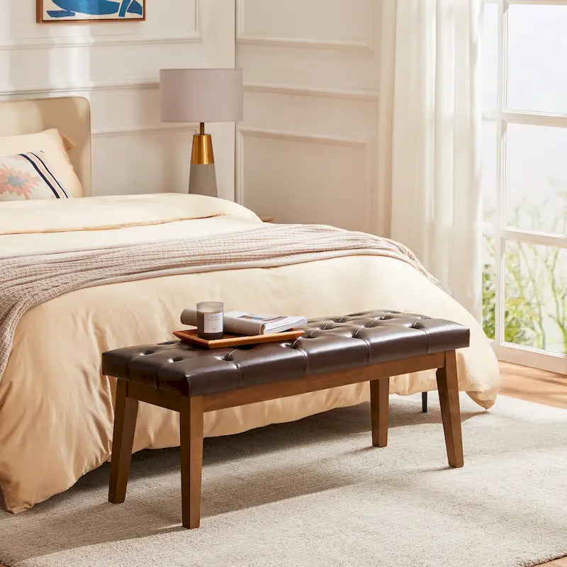 Banc capitonné pour bout de lit, banc d'entrée Beige/Noir/Marron Bois massif, cuir, tissu 112 cm