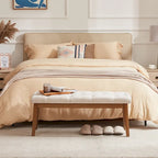 Banc capitonné pour bout de lit, banc d'entrée Beige/Noir/Marron Bois massif, cuir, tissu 112 cm