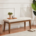 Banc capitonné pour bout de lit, banc d'entrée Beige/Noir/Marron Bois massif, cuir, tissu 112 cm