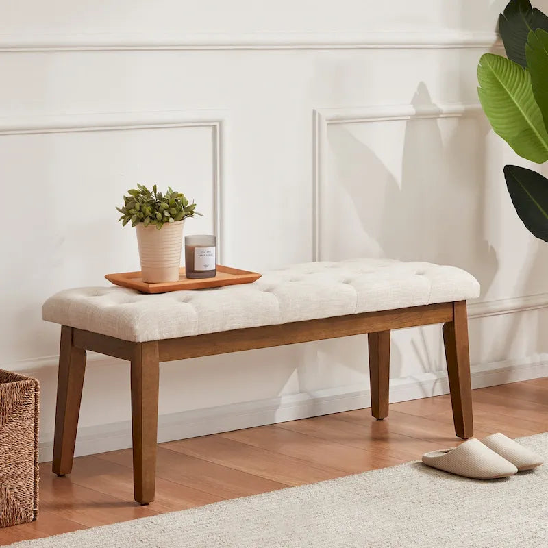 Banc capitonné pour bout de lit, banc d'entrée Beige/Noir/Marron Bois massif, cuir, tissu 112 cm