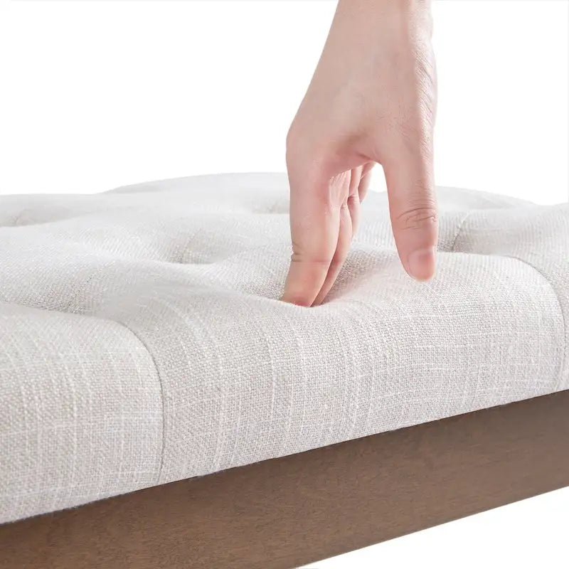 Banc capitonné pour bout de lit, banc d'entrée Beige/Noir/Marron Bois massif, cuir, tissu 112 cm