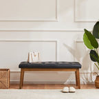 Banc capitonné pour bout de lit, banc d'entrée Beige/Noir/Marron Bois massif, cuir, tissu 112 cm