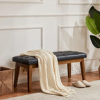 Banc capitonné pour bout de lit, banc d'entrée Beige/Noir/Marron Bois massif, cuir, tissu 112 cm