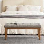 Banc capitonné pour bout de lit, banc d'entrée Beige/Noir/Marron Bois massif, cuir, tissu 112 cm