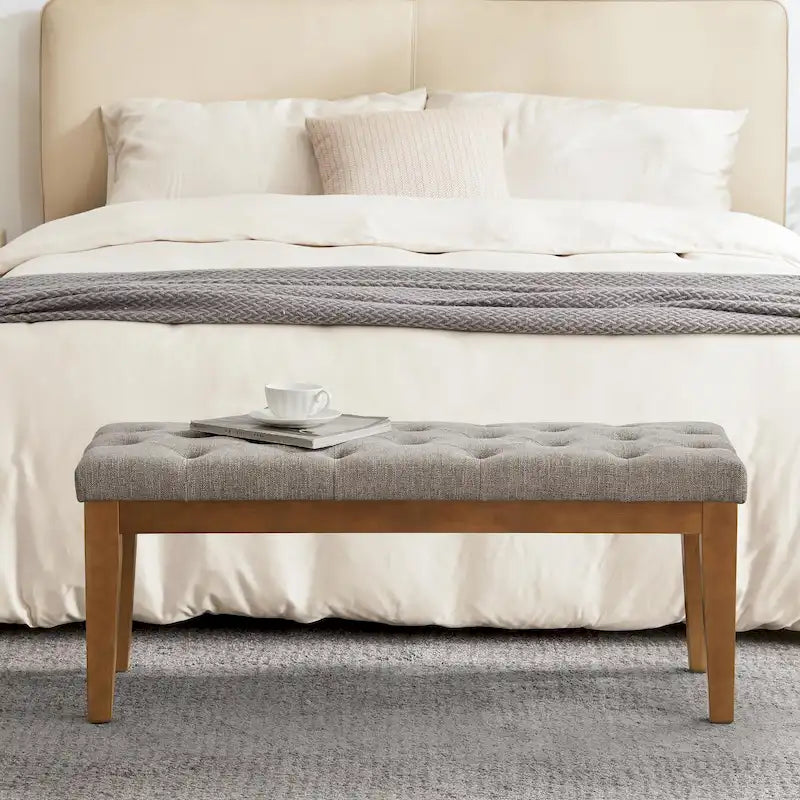 Banc capitonné pour bout de lit, banc d'entrée Beige/Noir/Marron Bois massif, cuir, tissu 112 cm