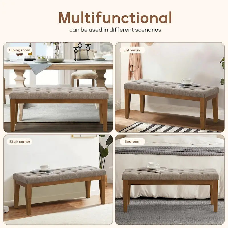 Banc capitonné pour bout de lit, banc d'entrée Beige/Noir/Marron Bois massif, cuir, tissu 112 cm