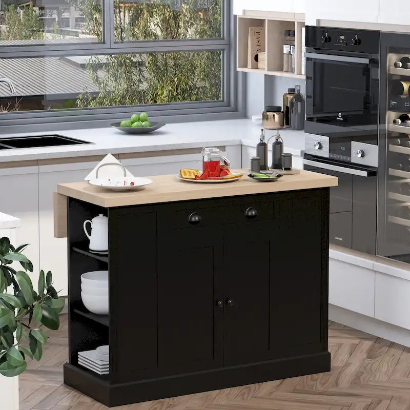 HOMCOM Isola da Cucina in Legno con Pannelli Scanalati, Piano d'Appoggio con Anta a Ribalta, Cassetto, Ripiani Aperti, Spazio Contenitivo