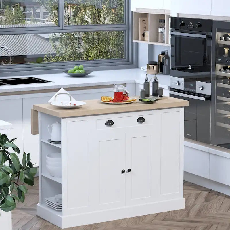 HOMCOM Isola da Cucina in Legno con Pannelli Scanalati, Piano d'Appoggio con Anta a Ribalta, Cassetto, Ripiani Aperti, Spazio Contenitivo