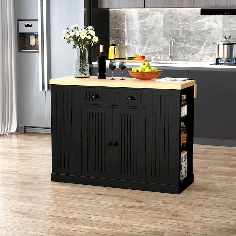 HOMCOM Isola da Cucina in Legno con Pannelli Scanalati, Piano d'Appoggio con Anta a Ribalta, Cassetto, Ripiani Aperti, Spazio Contenitivo