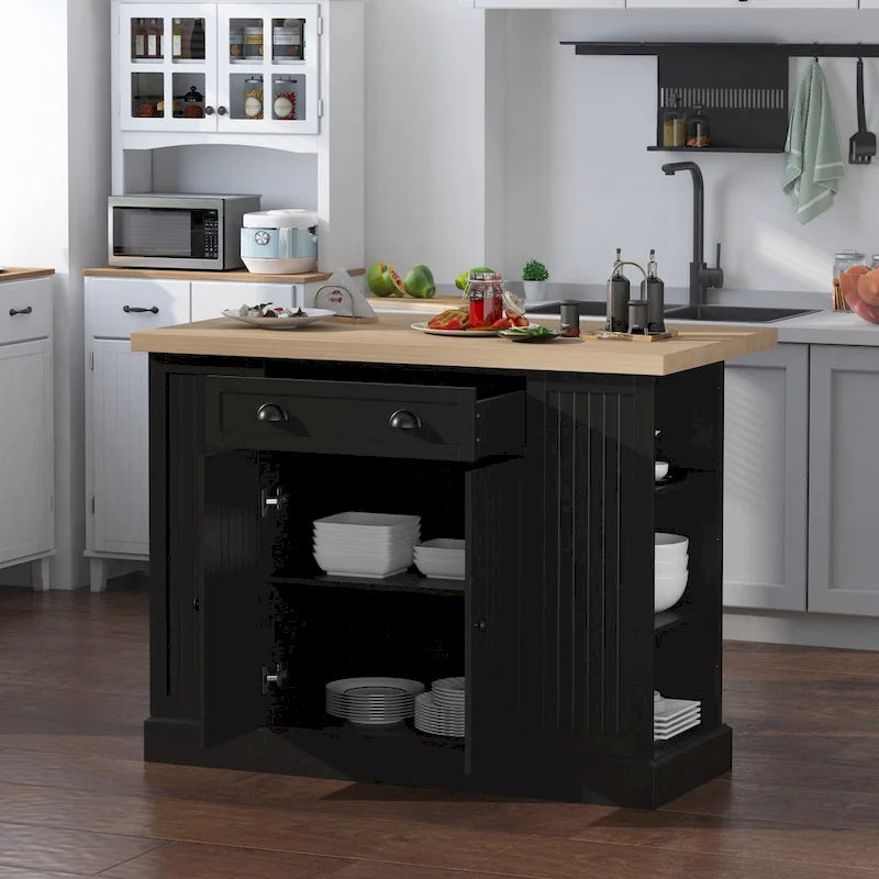 HOMCOM Isola da Cucina in Legno con Pannelli Scanalati, Piano d'Appoggio con Anta a Ribalta, Cassetto, Ripiani Aperti, Spazio Contenitivo