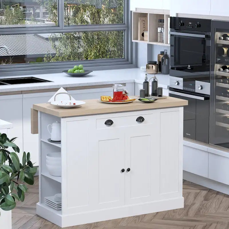 HOMCOM Isola da Cucina in Legno con Pannelli Scanalati, Piano d'Appoggio con Anta a Ribalta, Cassetto, Ripiani Aperti, Spazio Contenitivo