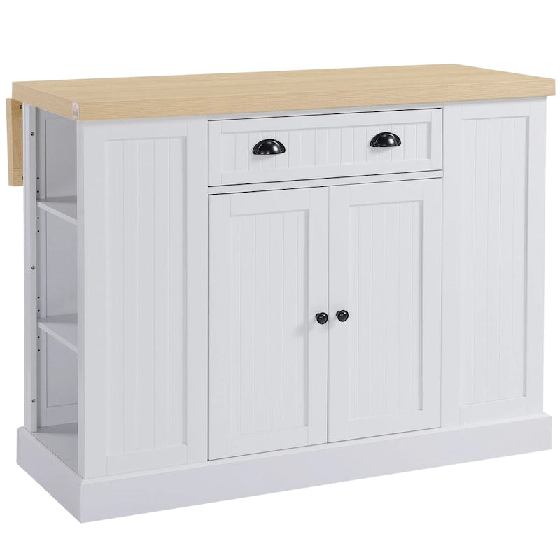 HOMCOM Isola da Cucina in Legno con Pannelli Scanalati, Piano d'Appoggio con Anta a Ribalta, Cassetto, Ripiani Aperti, Spazio Contenitivo