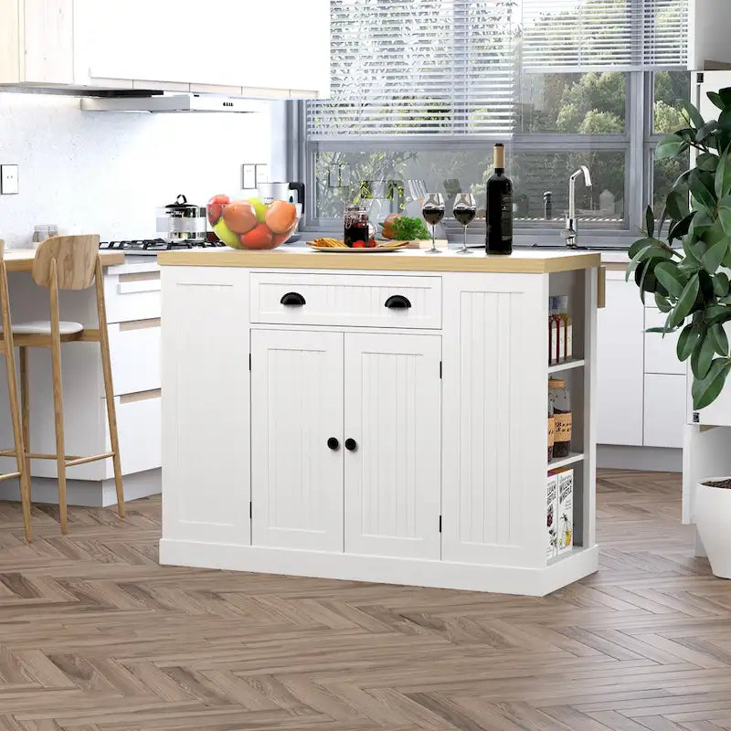 HOMCOM Isola da Cucina in Legno con Pannelli Scanalati, Piano d'Appoggio con Anta a Ribalta, Cassetto, Ripiani Aperti, Spazio Contenitivo