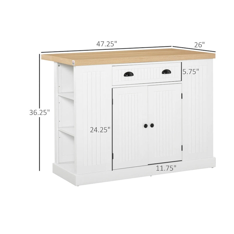 HOMCOM Isola da Cucina in Legno con Pannelli Scanalati, Piano d'Appoggio con Anta a Ribalta, Cassetto, Ripiani Aperti, Spazio Contenitivo