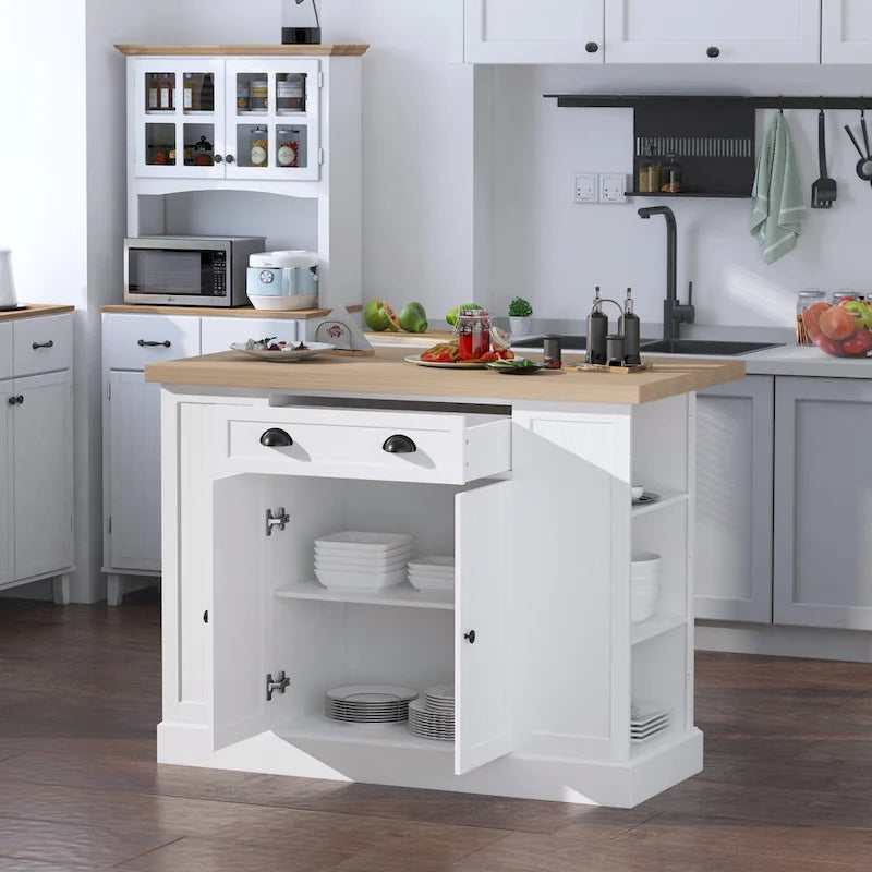 HOMCOM Isola da Cucina in Legno con Pannelli Scanalati, Piano d'Appoggio con Anta a Ribalta, Cassetto, Ripiani Aperti, Spazio Contenitivo