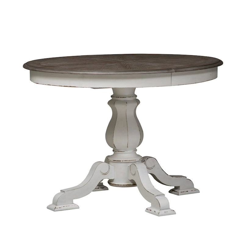 Table à dîner ronde sur pied Magnolia Manor avec rallonges escamotables - 2 finitions