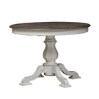 Table à dîner ronde sur pied Magnolia Manor avec rallonges escamotables - 2 finitions
