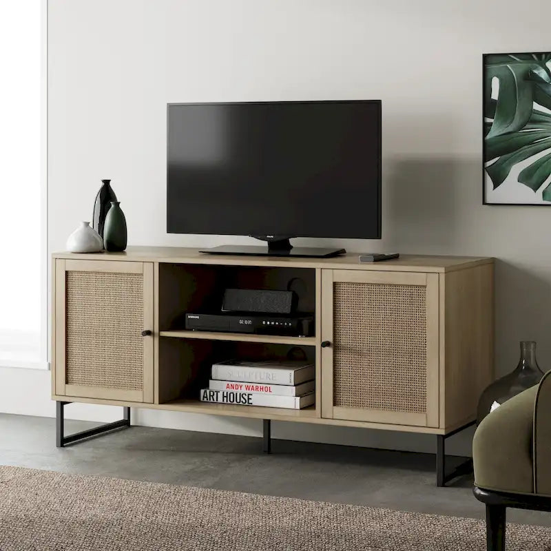 Nathan James Mina Mobile TV Moderno, Credenza per l'Intrattenimento, Mobile Media, Legno di Quercia e Dettagli Neri con Ante Contenitore