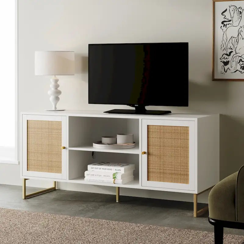 Meuble TV Nathan James Mina moderne avec console média et accents noirs en bois de chêne et portes de rangement