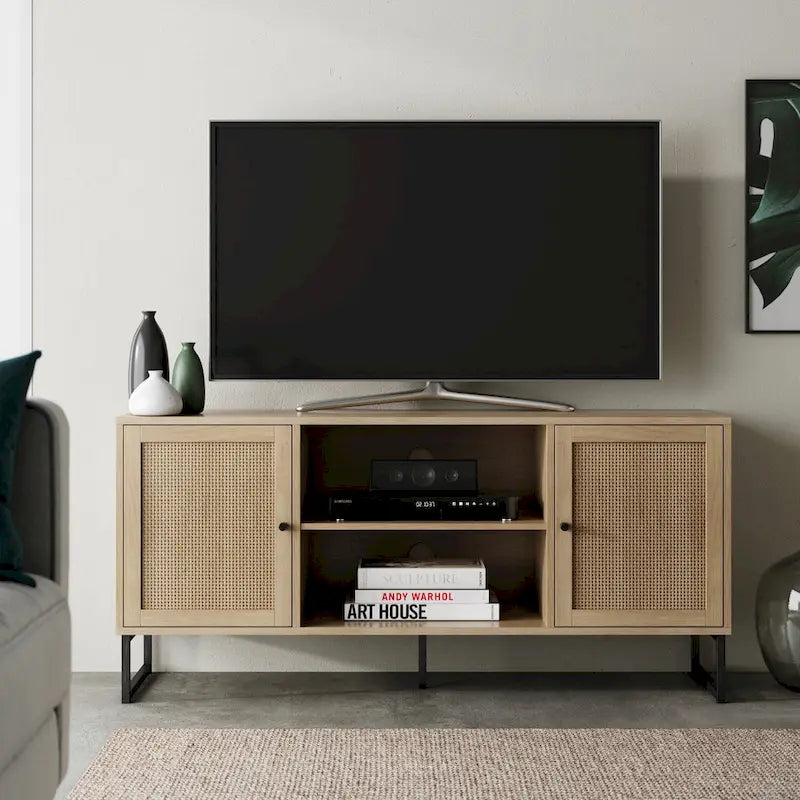 Nathan James Mina Mobile TV Moderno, Credenza per l'Intrattenimento, Mobile Media, Legno di Quercia e Dettagli Neri con Ante Contenitore