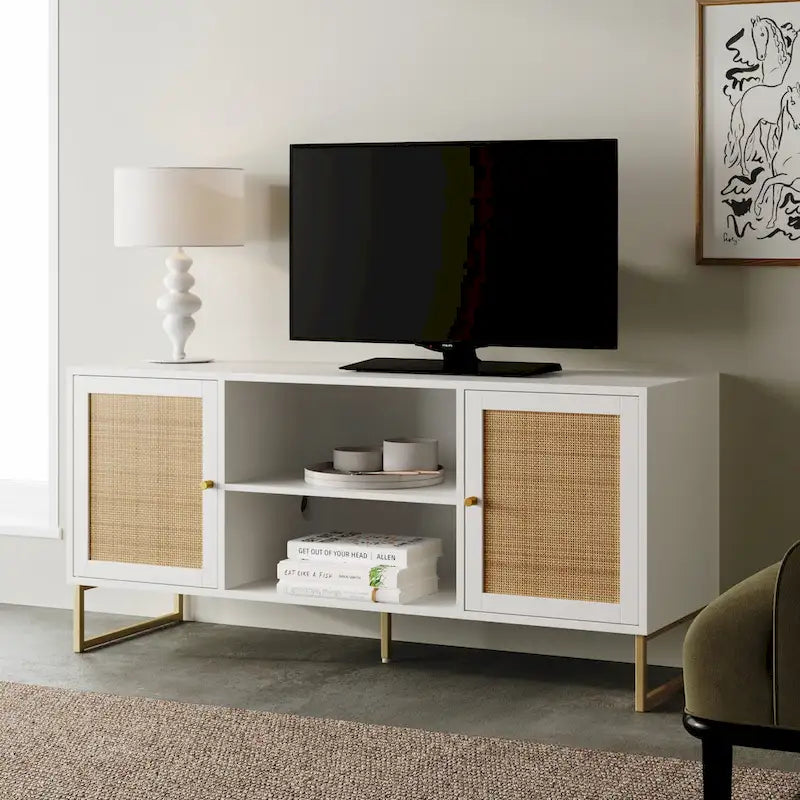 Nathan James Mina Mobile TV Moderno, Credenza per l'Intrattenimento, Mobile Media, Legno di Quercia e Dettagli Neri con Ante Contenitore