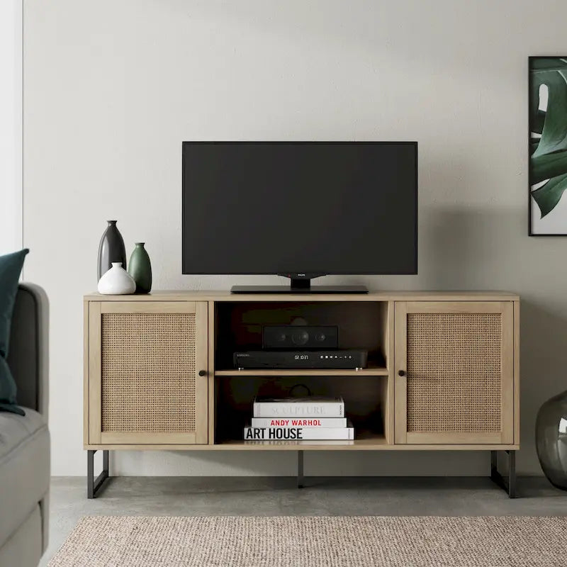 Nathan James Mina Mobile TV Moderno, Credenza per l'Intrattenimento, Mobile Media, Legno di Quercia e Dettagli Neri con Ante Contenitore