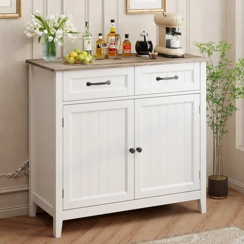 Mobile credenza da cucina con 2 cassetti, mobile bar per caffè, mobile da ingresso in legno con armadio a doppia anta