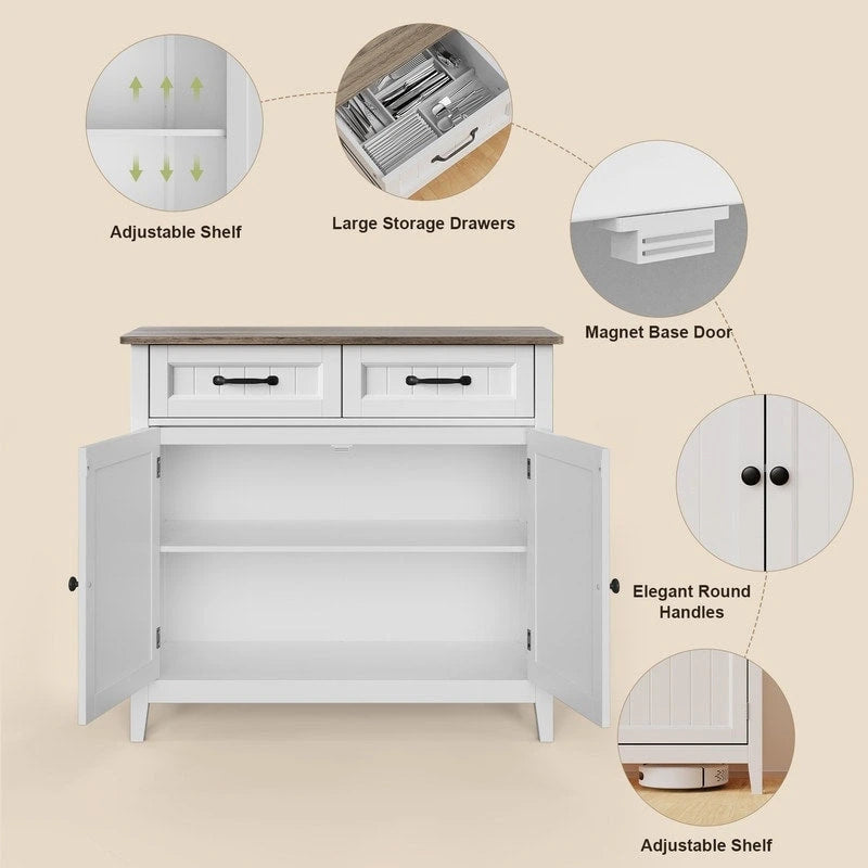 Mobile credenza da cucina con 2 cassetti, mobile bar per caffè, mobile da ingresso in legno con armadio a doppia anta