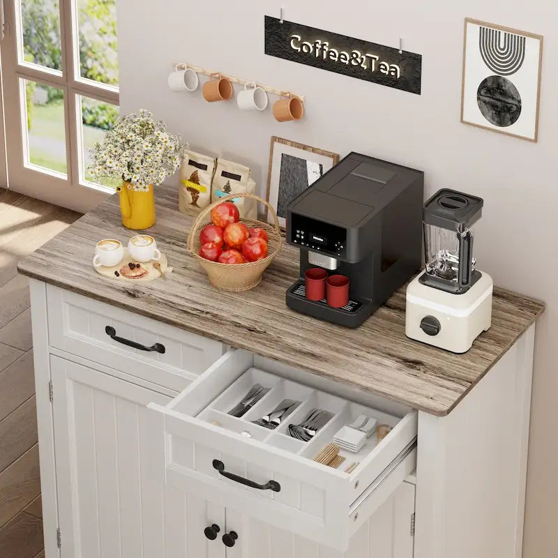 Mobile credenza da cucina con 2 cassetti, mobile bar per caffè, mobile da ingresso in legno con armadio a doppia anta