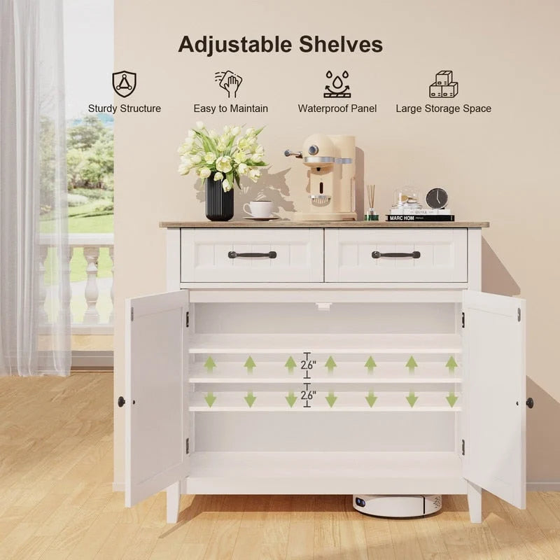Mobile credenza da cucina con 2 cassetti, mobile bar per caffè, mobile da ingresso in legno con armadio a doppia anta