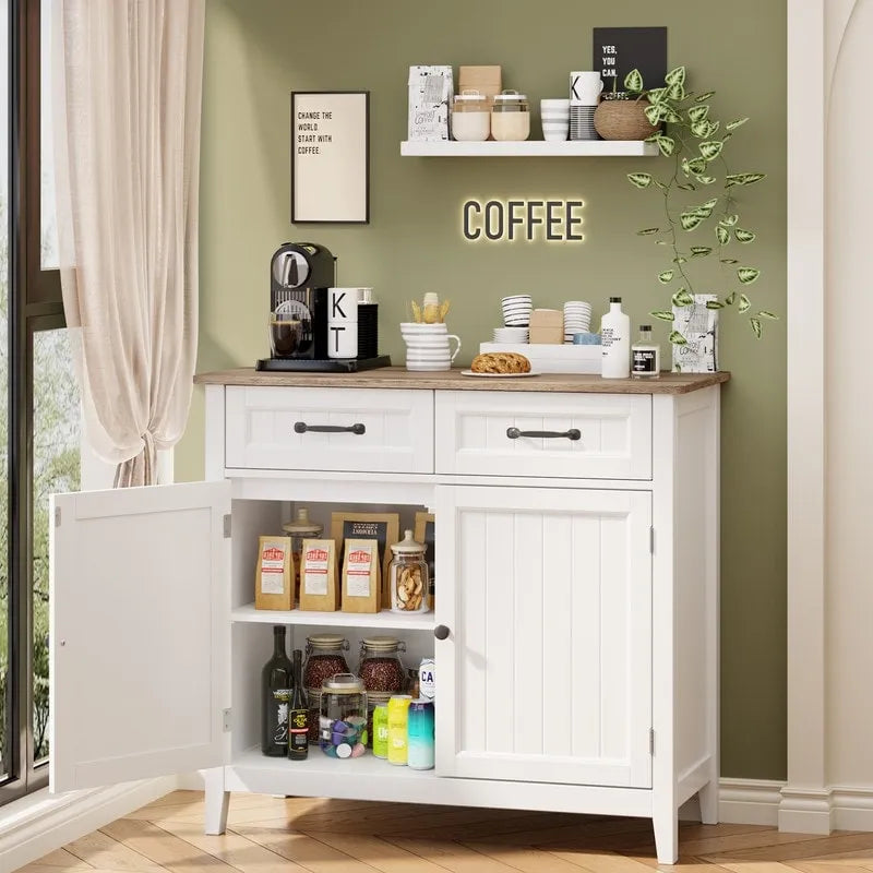 Mobile credenza da cucina con 2 cassetti, mobile bar per caffè, mobile da ingresso in legno con armadio a doppia anta