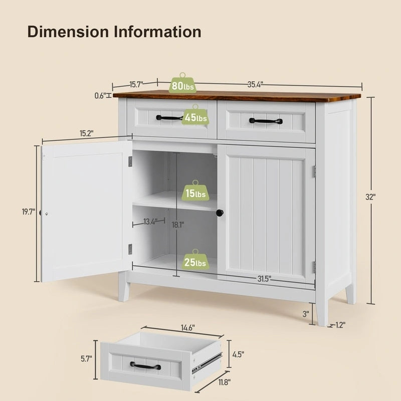 Mobile credenza da cucina con 2 cassetti, mobile bar per caffè, mobile da ingresso in legno con armadio a doppia anta