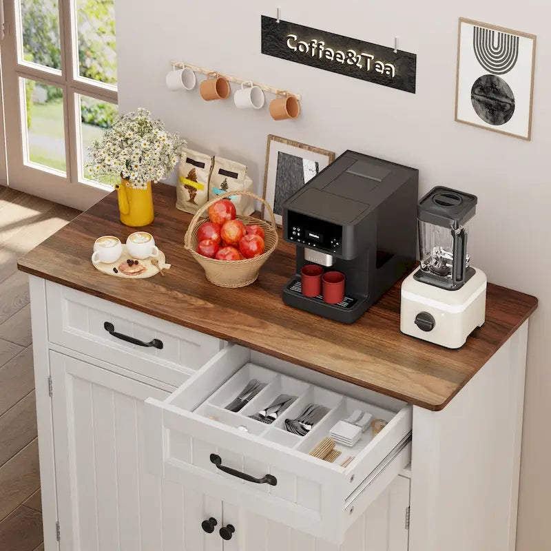 Mobile credenza da cucina con 2 cassetti, mobile bar per caffè, mobile da ingresso in legno con armadio a doppia anta