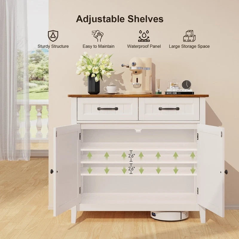 Mobile credenza da cucina con 2 cassetti, mobile bar per caffè, mobile da ingresso in legno con armadio a doppia anta