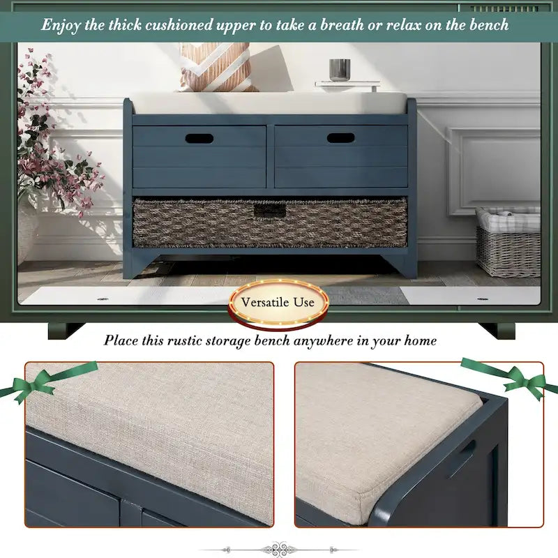 Panca contenitore con cesto rimovibile e 2 cassetti, panca scarpiera completamente assemblata con cuscino rimovibile - 81,3 L x 30 L x 50,8 A cm