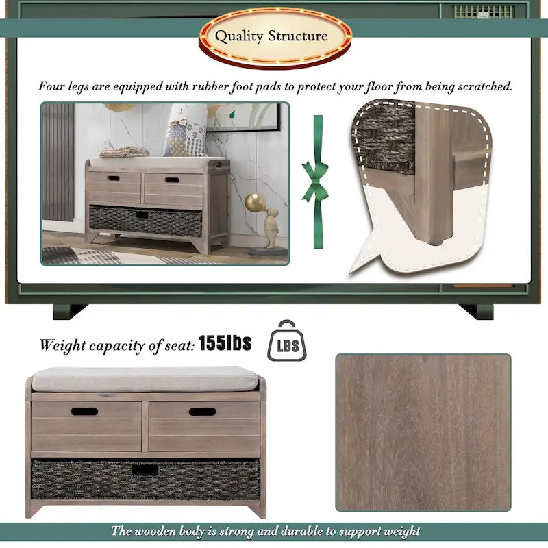 Panca contenitore con cesto rimovibile e 2 cassetti, panca scarpiera completamente assemblata con cuscino rimovibile - 81,3 L x 30 L x 50,8 A cm