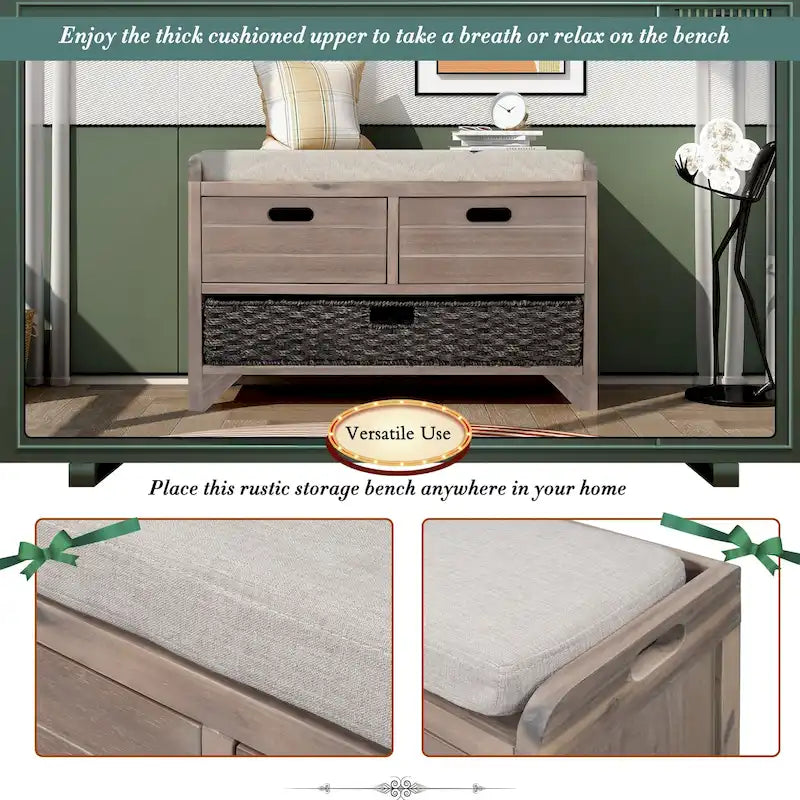 Panca contenitore con cesto rimovibile e 2 cassetti, panca scarpiera completamente assemblata con cuscino rimovibile - 81,3 L x 30 L x 50,8 A cm