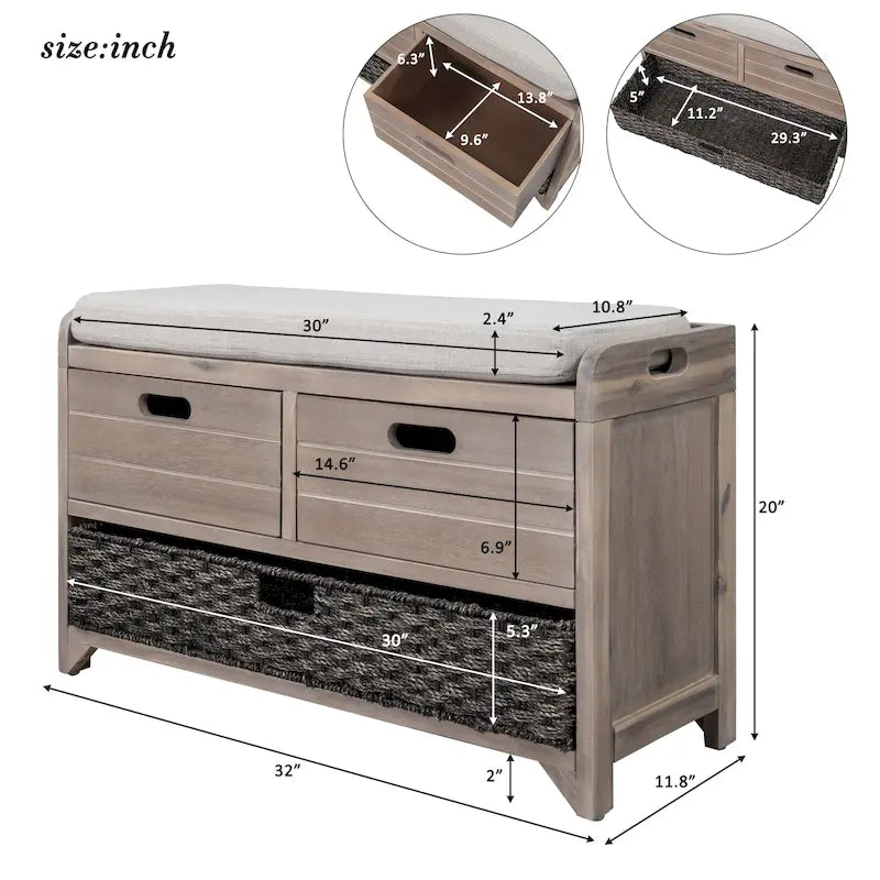 Panca contenitore con cesto rimovibile e 2 cassetti, panca scarpiera completamente assemblata con cuscino rimovibile - 81,3 L x 30 L x 50,8 A cm
